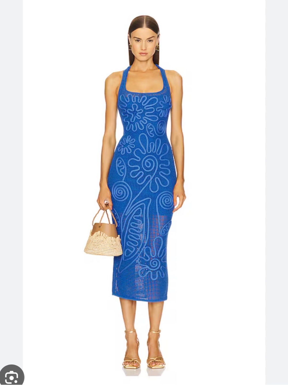 Blue Crochet Midi Dress with Floral Motif